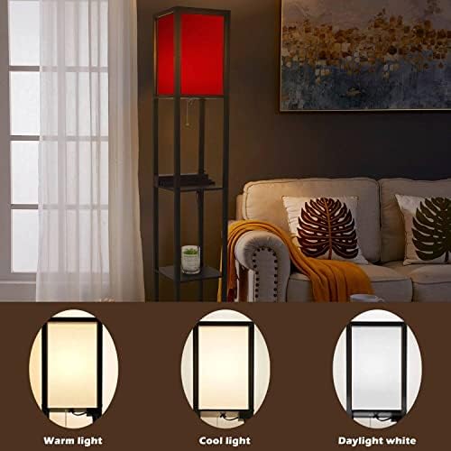 Red Blurred Floor Lamp with Shelves USB Ports and Power Outlet