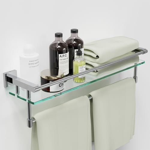 24 Inch Floating Glass Shelves with Towel Bar Chrome Railing
