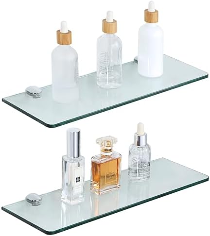 SAYAYO Tempered Glass Floating Shelves for Bathroom 2 Pack Clear 15x5 Inch