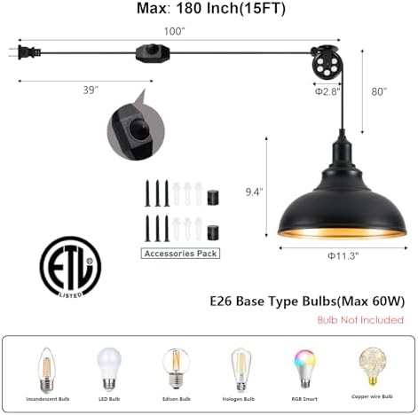 Black Pendant Light Hanging Lamp 2 Pack with Dimmer and Adjustable Pulley