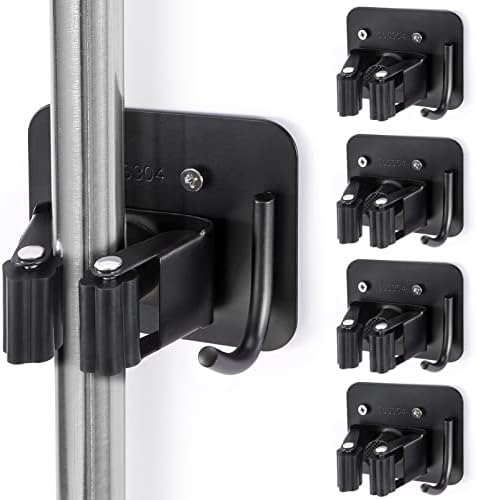 Stainless Steel Broom Holder - 4 Hook Positions Black