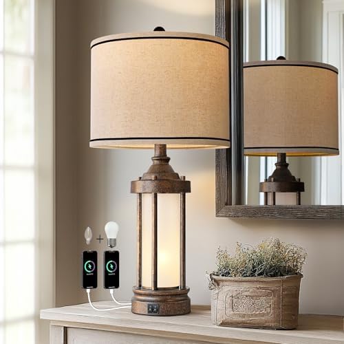 25 Inch Farmhouse Table Lamp with 2 USB Ports and 2 Bulbs