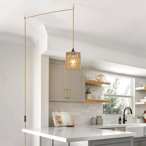 Boho Rattan Pendant Light with On-Off Switch