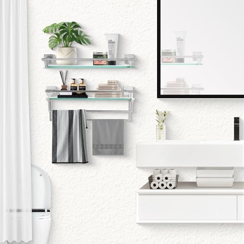 LANC Glass Shelf with Towel Rails 20 Inch Floating Tempered Bathroom Storage
