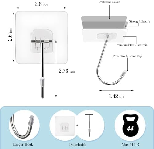 Large Adhesive Hooks 20-Pack 44lb Max Heavy Duty Wall Hangers