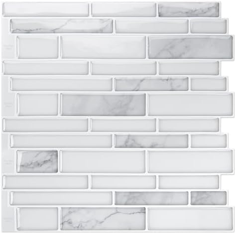 Art3d 10-Sheet Premium Peel and Stick Wall Tiles With White Marble Design