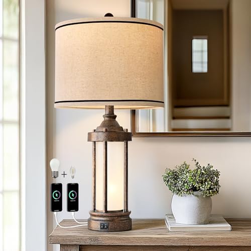 25 Inch Farmhouse Table Lamp with 2 USB Ports and 2 Bulbs