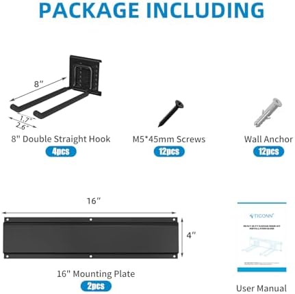 TICONN Wall Mounted Tool Storage Rack with 4 Hooks