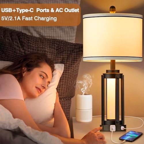26 Modern Table Lamp with USB Charging and AC Outlet Black Industrial Style