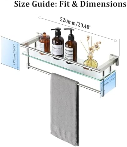 Alise 20 Inch Tempered Glass Bathroom Shelf with Towel Bar