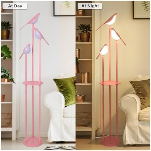 Pink Bird Floor Lamp with Shelves and 3 Lights