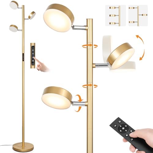Gold Floor Lamp with 3 Adjustable Heads and Remote Control