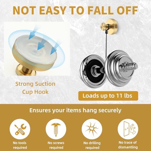 Gold Suction Cup Hooks for Shower Wall 2 Pack 11lbs