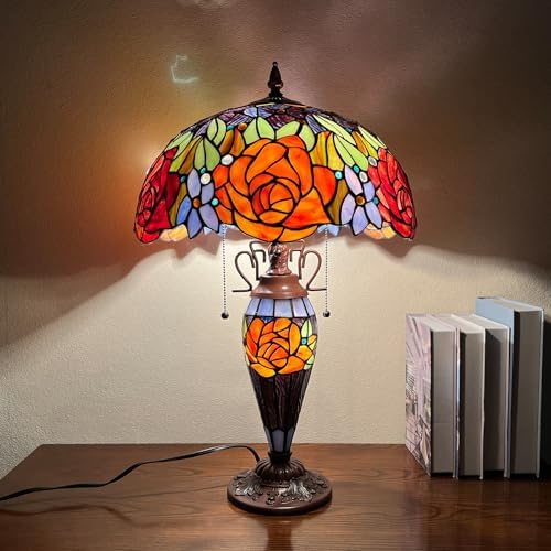Capulina Tiffany Table Lamp 3-Light Red Yellow Rose Style