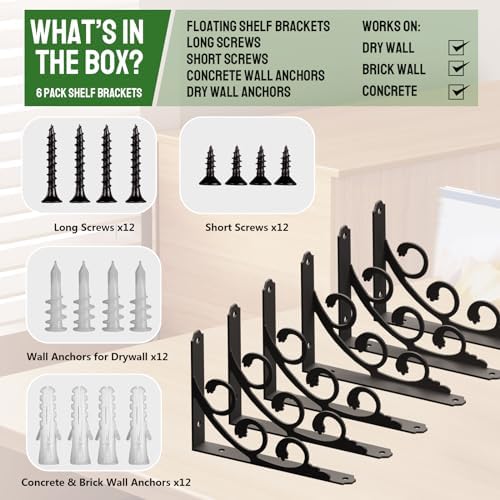 IARTOPS L Shelf Brackets 6 Pack Black Heavy Duty