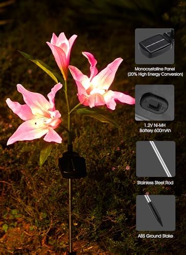 Brightown Solar Garden Lights 4 Pack Realistic Lily Flower Path Lights