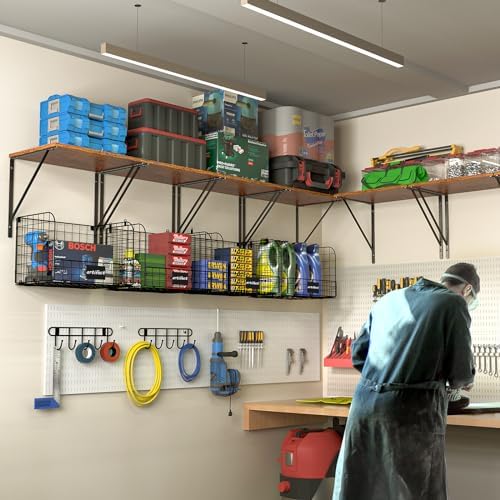ThreeHio 2 Pack Garage Wall Shelves with Wire Baskets and Hooks