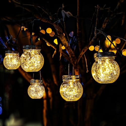 Cooo 6 Pack Crackle Glass Solar Lantern with 30 LED Firefly Lights