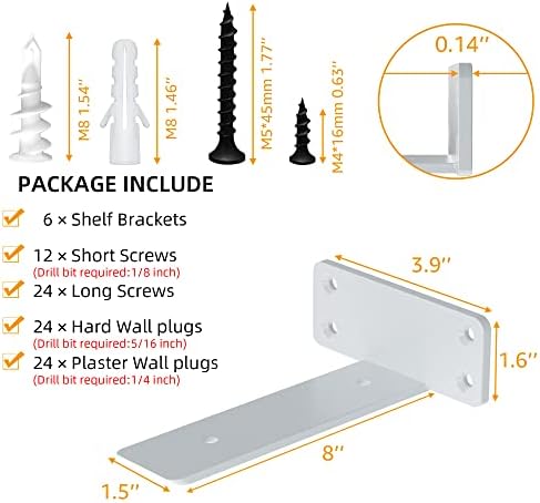 ZGO 8 Inch Floating Shelf Brackets 6 Pack