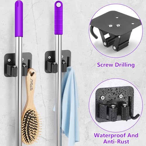 Stainless Steel Broom Holder - 4 Hook Positions Black