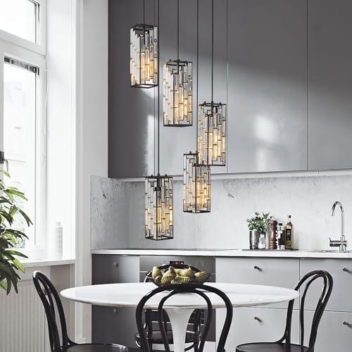 Black Pendant Light With Crystal Adjustable for Kitchen and Dining Room