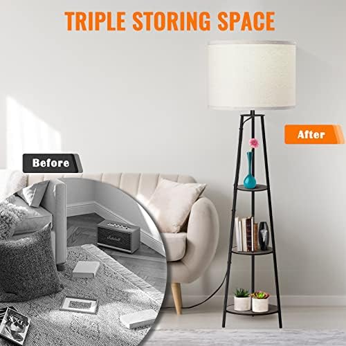 Floor Lamp with 3-Tier Shelves and Dimmable Light