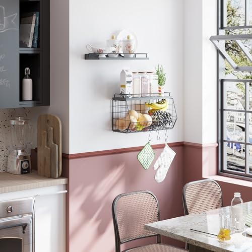 Bathroom Shelves With Hooks And Wire Basket