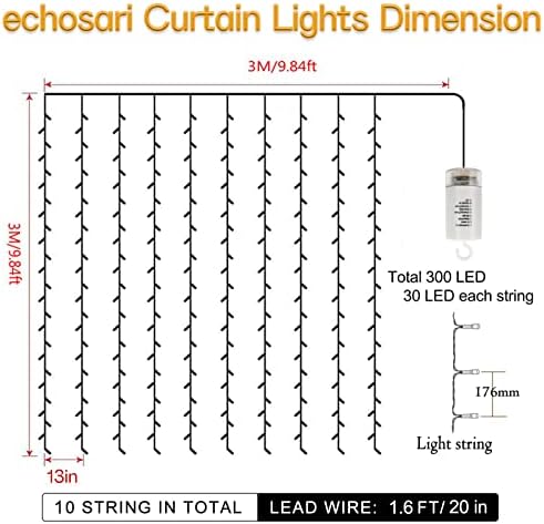 Echosari 300 LED Curtain Lights Battery Operated Warm White