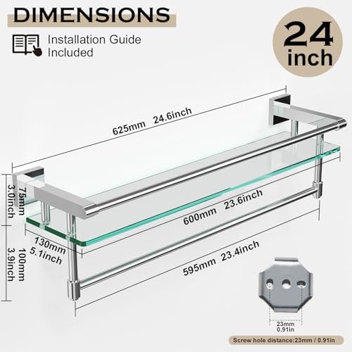 24 Inch Floating Glass Shelves with Towel Bar Chrome Railing