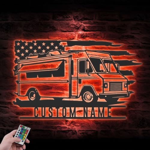 Custom Fast Food Truck US Flag Metal Wall Art LED Light Sign