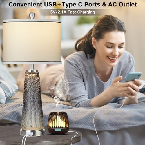 Lolikit Glass Table Lamp Set of 2 with USB and AC Outlet