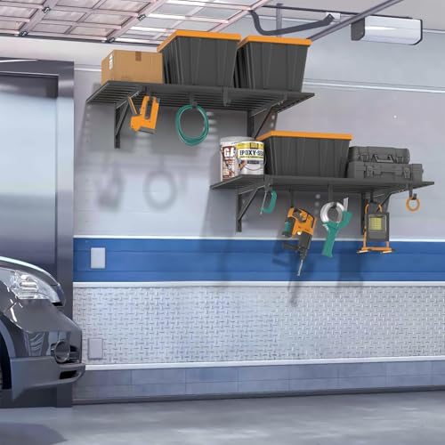 2-Pack 2x4ft Wall Mounted Garage Shelves with Hooks
