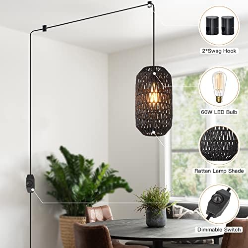 Dimmable Plug In Pendant Light with 15ft Black Cord