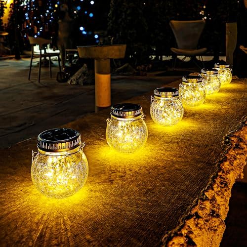 Cooo 6 Pack Crackle Glass Solar Lantern with 30 LED Firefly Lights