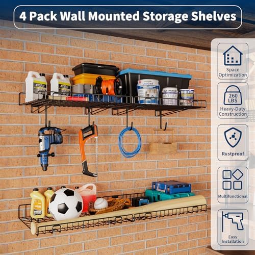 4 Pack Heavy Duty Garage Wall Shelves with Hooks