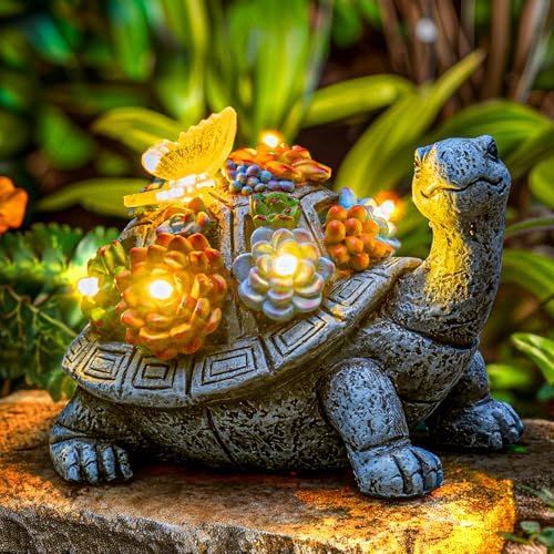 Solar Garden Statues with Succulent and LED Lights - Grey Turtle