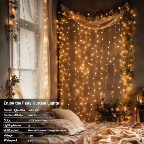 Echosari 300 LED Curtain Lights Battery Operated Warm White
