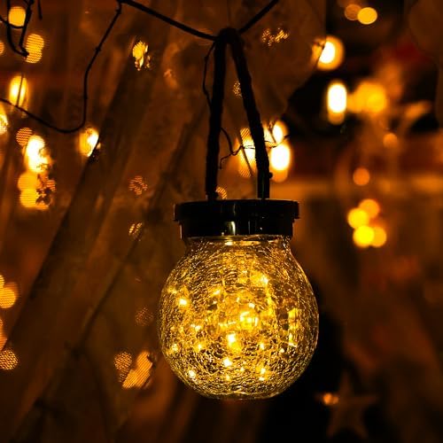 Cooo 6 Pack Heavy Crackle Glass Solar Lantern with 30 LED Firefly Lights