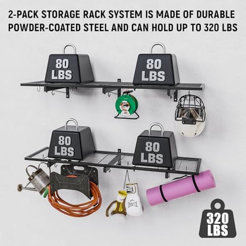 2 Pack Heavy Duty Garage Wall Shelves with 8 Hooks