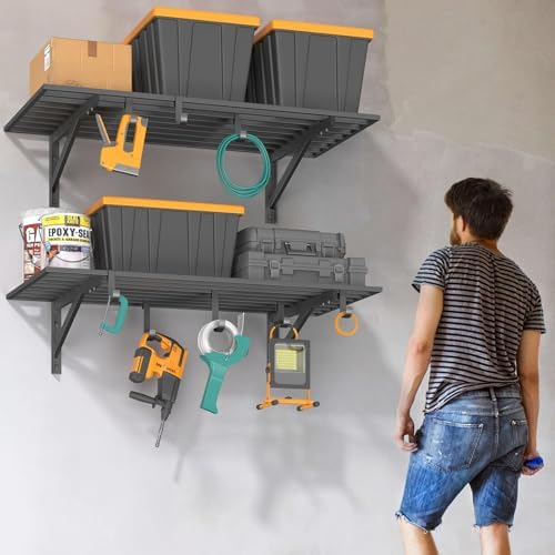 2-Pack 2x4ft Wall Mounted Garage Shelves with Hooks