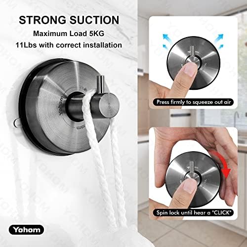 Yohom Suction Cup Hooks Black Stainless Steel Shower Towel Holders 2 Pcs