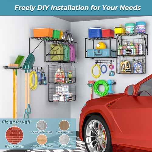 ThreeHio Heavy Duty Wall Mounted Garage Shelf with Wire Baskets