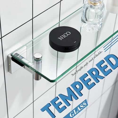 KOKOSIRI 12-Inch Floating Glass Shelf with Towel Hooks 2 Pack