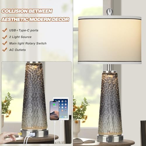 Lolikit Glass Table Lamp Set of 2 with USB and AC Outlet