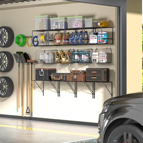 ThreeHio Heavy Duty Wall Mounted Garage Shelf with Wire Baskets