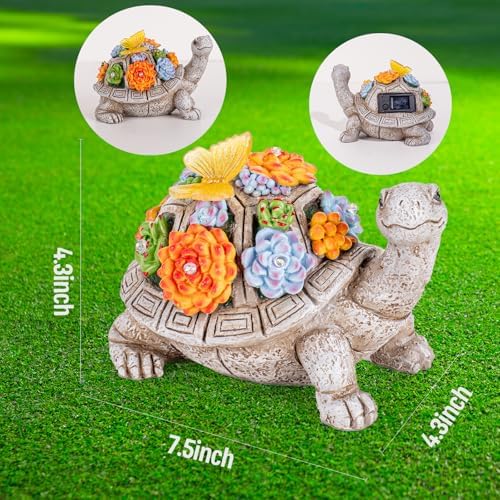 Solar Garden Statues with Succulent and LED Lights - Grey Turtle