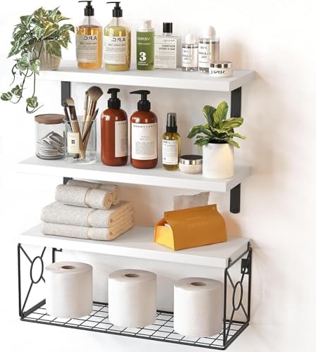 Amada Floating Shelves Over Toilet with Storage Basket White