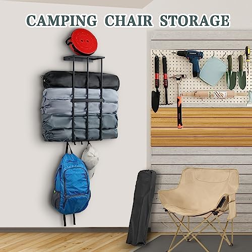 Camping Chair Wall Mount Rack with 4 Hooks and Floating Shelf
