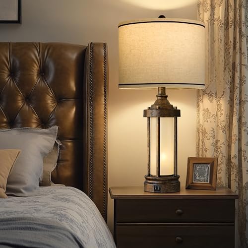 25 Inch Farmhouse Table Lamp with 2 USB Ports and 2 Bulbs