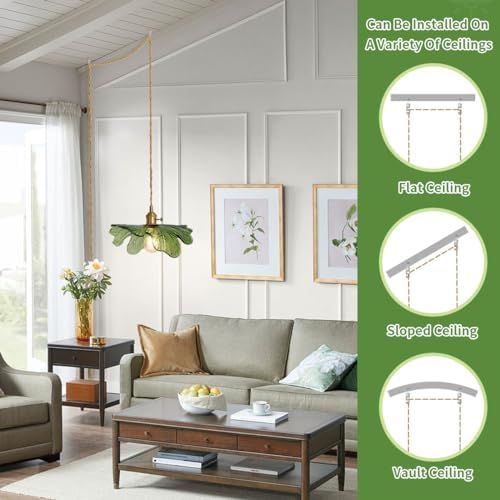 Plug in Pendant Light with Brass Base and Glass Shade